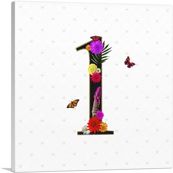 ARTCANVAS Flower Plant Butterfly Alphabet Number 1 One Numeral Canvas Art Print - Size: 12" x 12" (0.75" Deep)