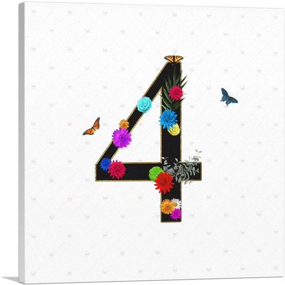 ARTCANVAS Flower Plant Butterfly Alphabet Number 4 Four Numeral Canvas Art Print - Size: 12" x 12" (0.75" Deep)