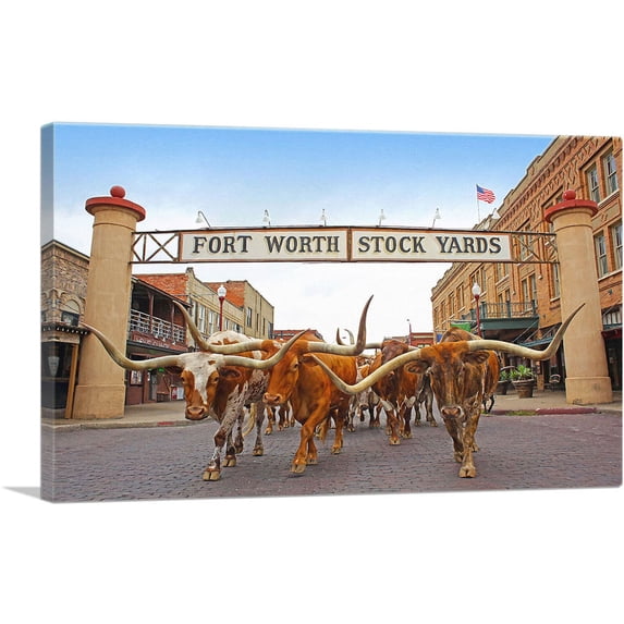 ARTCANVAS Fort Worth Longhorn Steers Texas Bulls Stock Yards Canvas Art Print - Size: 40" x 26" (0.75" Deep)
