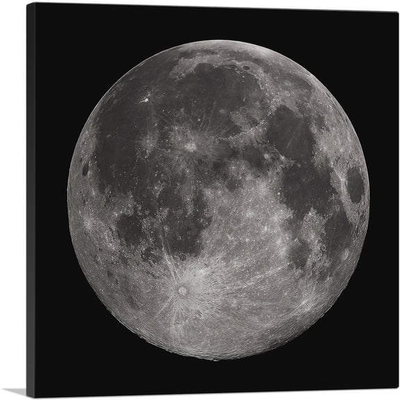 ARTCANVAS Full Moon at Night With Craters Stark Gray Canvas Art Print - Size: 12" x 12" (1.50" Deep)