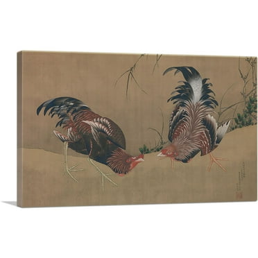 ARTCANVAS Gamecocks 1838 Canvas Art Print by Katsushika Hokusai - Size: 26" x 18" (0.75" Deep)