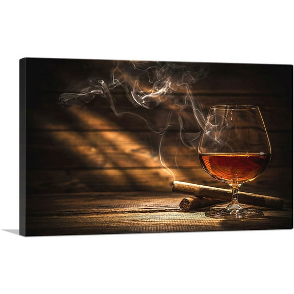ARTCANVAS Glass of Bourbon Whiskey and Smoking Cigar Canvas Art Print - Size: 18" x 12" (0.75" Deep)