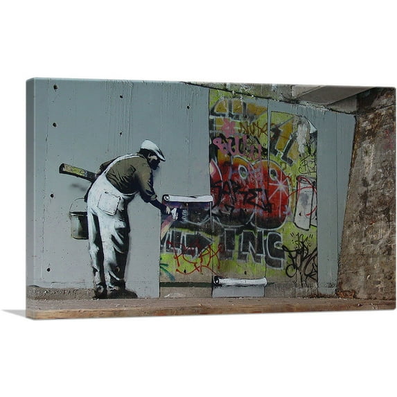 ARTCANVAS Graffiti Wallpaper Hanging Canvas Art Print by Banksy - Size: 26" x 18" (1.50" Deep)