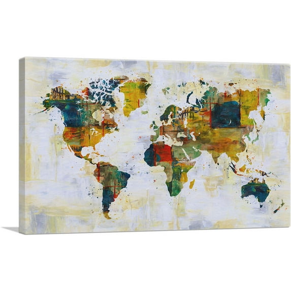 ARTCANVAS Green Yellow Orange World Map Canvas Art Print - Size: 26" x 18" (0.75" Deep)