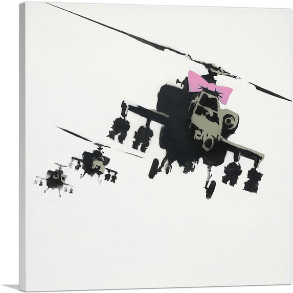 ARTCANVAS Happy Choppers - Pink Bow Helicopter Canvas Art Print by Banksy - Size: 12" x 12" (0.75" Deep)