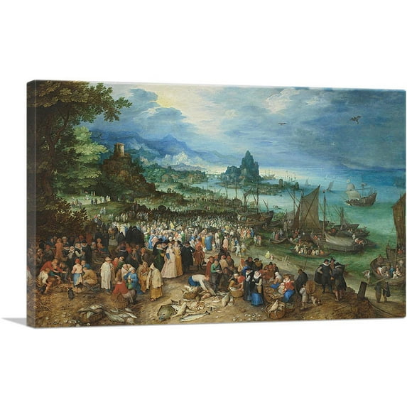ARTCANVAS Harbour Scene With Christ Preaching 1598 Canvas Art Print by Jan Brueghel The Elder - Size: 18" x 12" (1.50" Deep)