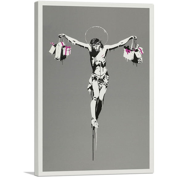 ARTCANVAS Jesus Christ With Shopping Bags Canvas Art Print by Banksy - Size: 26" x 18" (1.50" Deep)