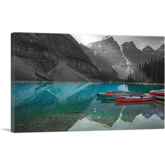 ARTCANVAS Kayaks Boat In Blue Lake Canvas Art Print - Size: 26" x 18" (0.75" Deep)