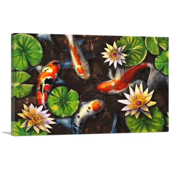ARTCANVAS Koi Carp Fish Asia Pond Water Lilies Canvas Art Print - Size: 40" x 26" (0.75" Deep)