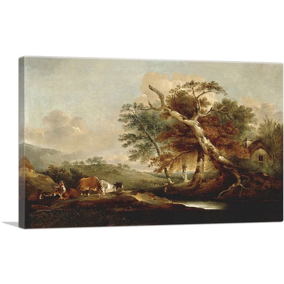 ARTCANVAS Landscape With Seated Figure Cattle Sheep By Water Canvas Art Print by Thomas Gainsborough - Size: 40" x 26" (0.75" Deep)