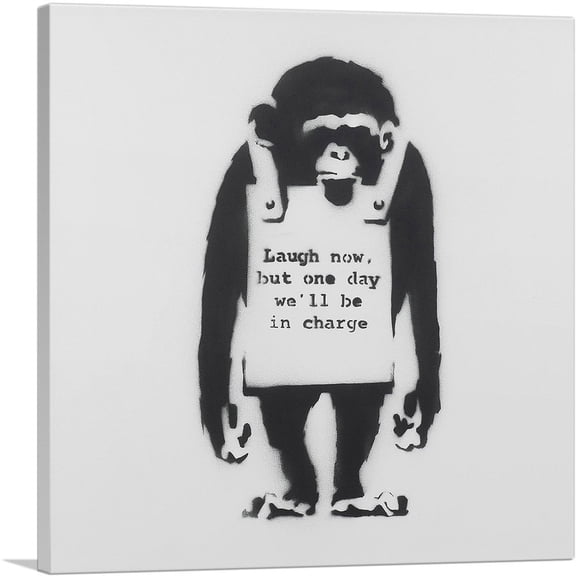 ARTCANVAS Laugh Now Sandwich Board Wearing Monkey Canvas Art Print by Banksy - Size: 18" x 18" (0.75" Deep)