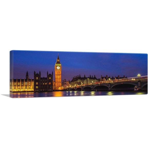 ARTCANVAS London England Big Ben at Night Panoramic Canvas Art Print - Size: 48" x 16" (1.50" Deep)