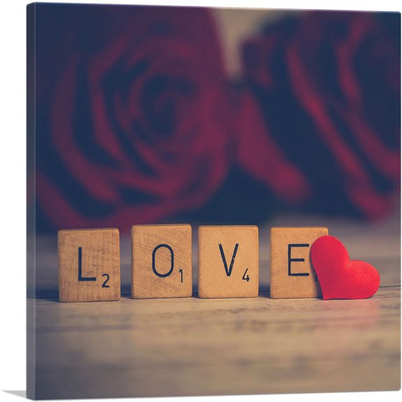 ARTCANVAS Love Wooden Cubes With Roses Home decor Canvas Art Print - Size: 26" x 26" (1.50" Deep)