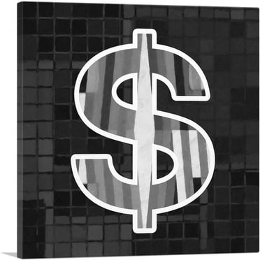 ARTCANVAS Modern Black White Alphabet Dollar Sign Symbol Canvas Art Print - Size: 18" x 18" (0.75" Deep)