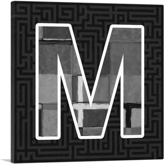 ARTCANVAS Modern Black White Alphabet Letter M Canvas Art Print - Size: 12" x 12" (1.50" Deep)