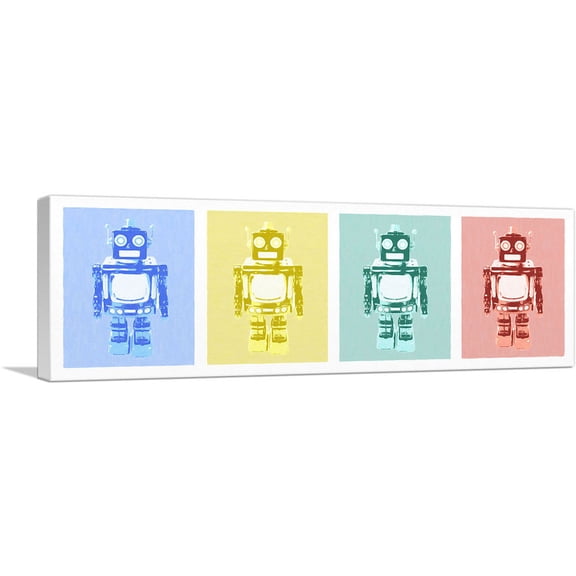 ARTCANVAS Modern Vintage Robot in Blue, Yellow, Green, and Red Canvas Art Print - Size: 60" x 20" (1.50" Deep)