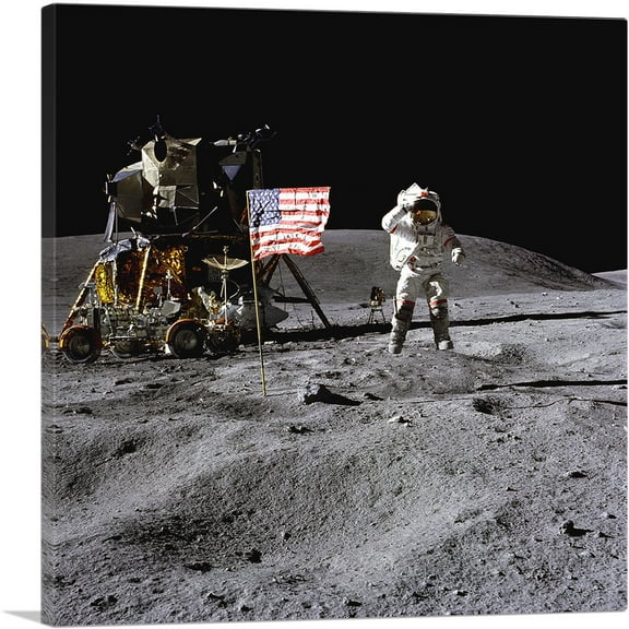 ARTCANVAS NASA Astronaut John Young Lands on the Moon with American Flag Canvas Art Print - Size: 18" x 18" (0.75" Deep)