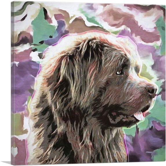 ARTCANVAS Newfoundland Dog Breed Green Purple Canvas Art Print - Size: 12" x 12" (0.75" Deep)