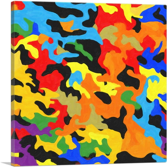 ARTCANVAS Orange Yellow Blue Green Red Camo Camouflage Spot Pattern Canvas Art Print - Size: 18" x 18" (0.75" Deep)