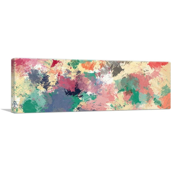 ARTCANVAS Pink Green Tan Modern Panoramic Canvas Art Print - Size: 36" x 12" (0.75" Deep)