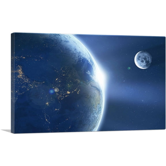 ARTCANVAS Planet Earth and Moon in Solar System Canvas Art Print - Size: 12" x 8" (0.75" Deep)