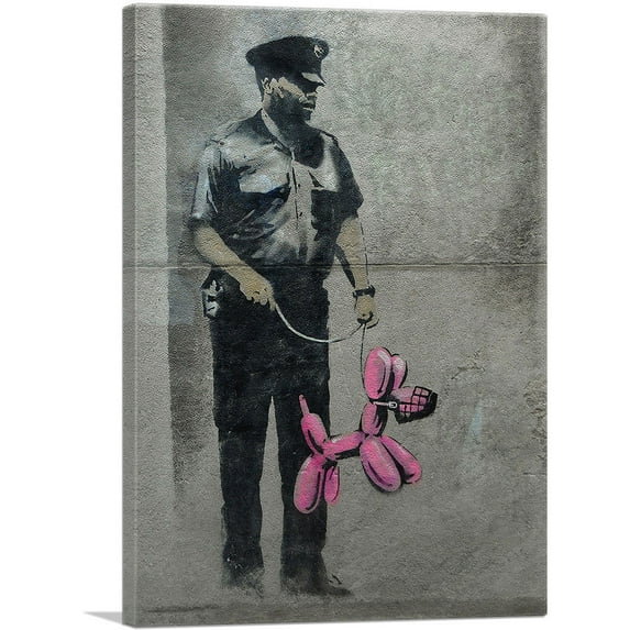 ARTCANVAS Police Guard Pink Balloon Dog Canvas Art Print by Banksy - Size: 12" x 8" (0.75" Deep)