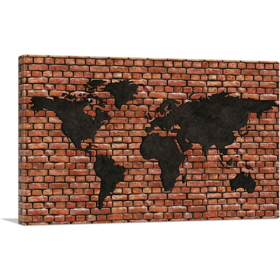 ARTCANVAS Printed Brick Photo Black World Map Globe Canvas Art Print - Size: 12" x 8" (0.75" Deep)