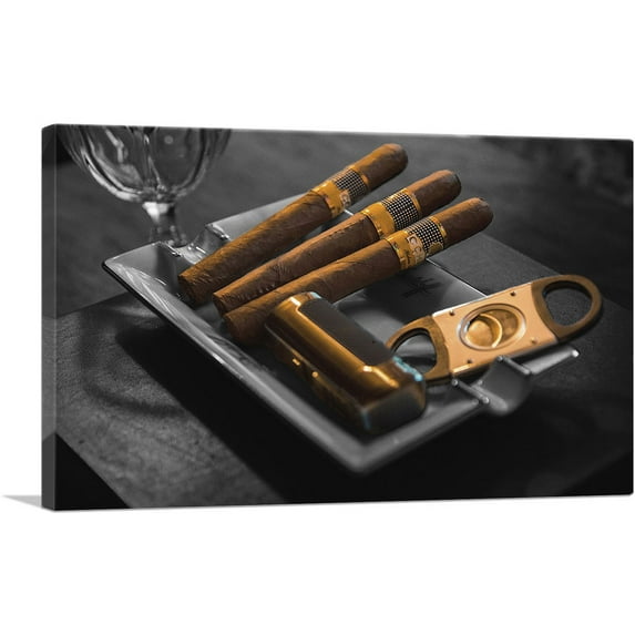 ARTCANVAS Printed Photograph of Cigars Cutter Lighter In Bar Canvas Art Print - Size: 26" x 18" (1.50" Deep)