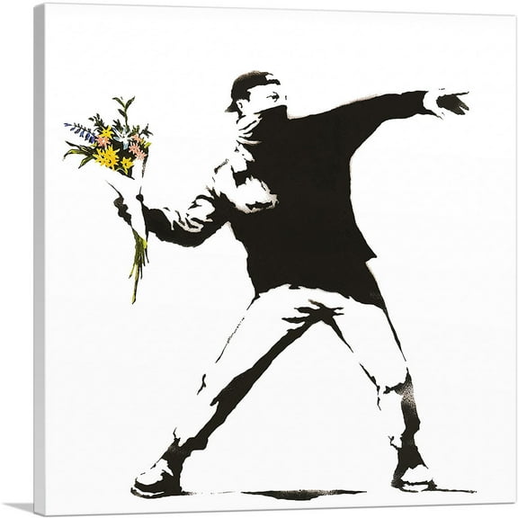 ARTCANVAS Rage, Flower Thrower Canvas Art Print by Banksy - Size: 26" x 26" (0.75" Deep)