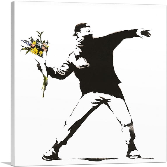 ARTCANVAS Rage, Flower Thrower Canvas Art Print by Banksy - Size: 26" x 26" (1.50" Deep)