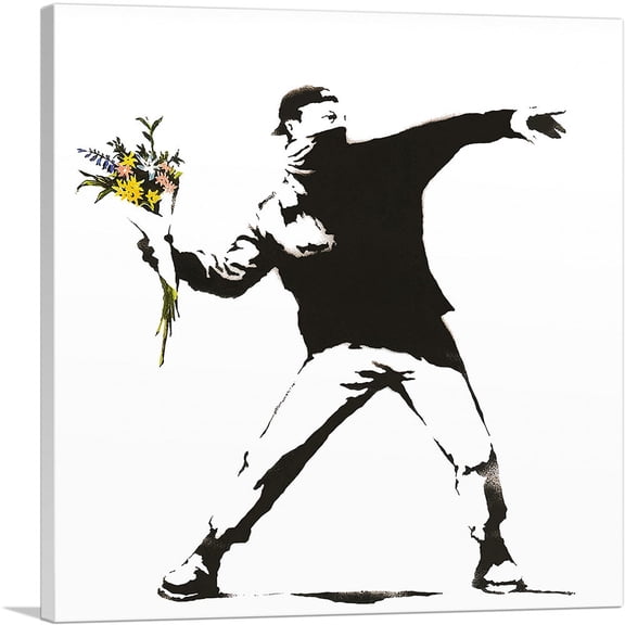 ARTCANVAS Rage, Flower Thrower Canvas Art Print by Banksy - Size: 36" x 36" (0.75" Deep)
