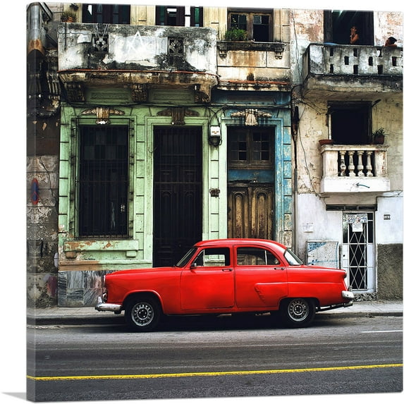 ARTCANVAS Red Car Havana Cuba Canvas Art Print - Size: 36" x 36" (0.75" Deep)