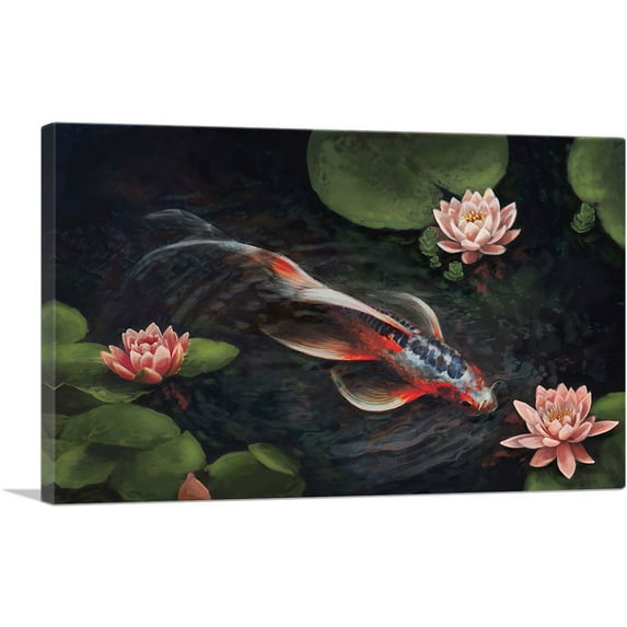 ARTCANVAS Red Koi Carp Fish Lotus Flower Pond Leaves Canvas Art Print - Size: 60" x 40" (0.75" Deep) (3-Piece)
