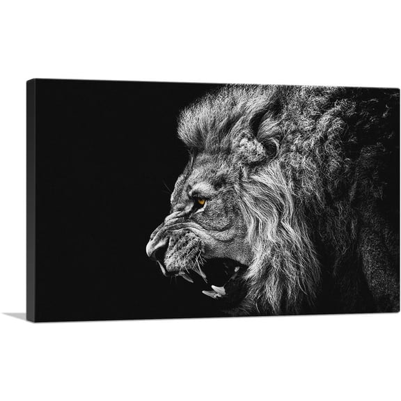 ARTCANVAS Roaring Lion Black and White Canvas Art Print - Size: 12" x 8" (0.75" Deep)