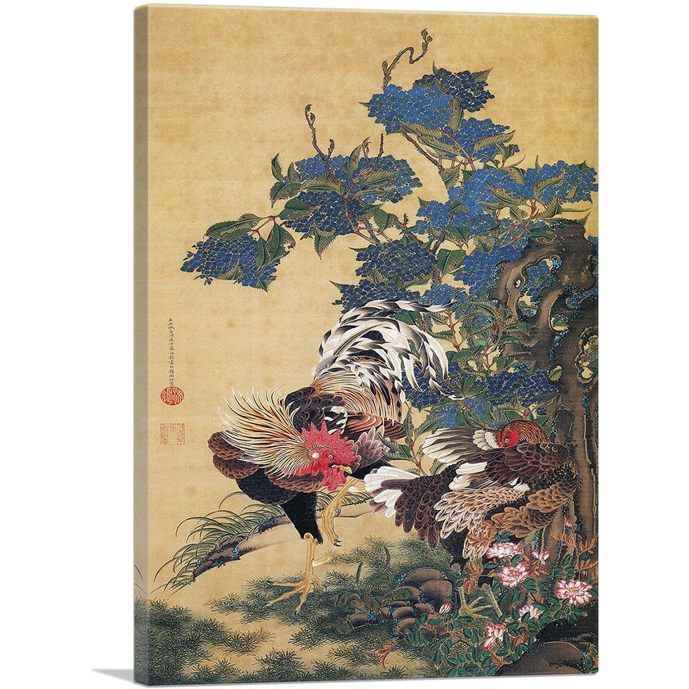 Rooster and Hen with Hydrangeas Canvas Art Print in Multicolor
