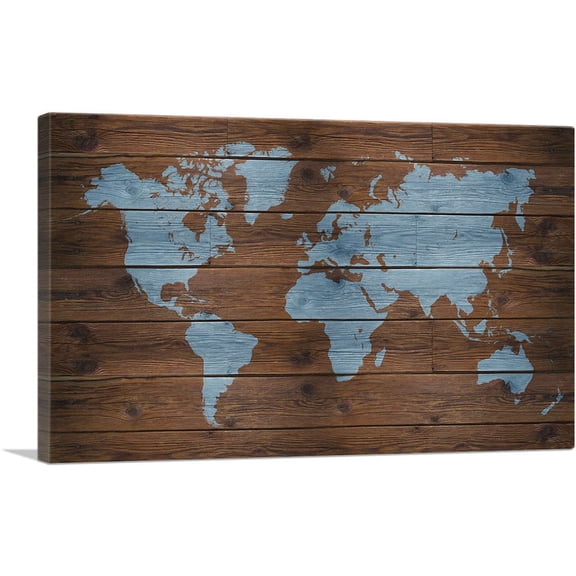 ARTCANVAS Rustic Dark Brown Printed Wood Baby Blue World Map Canvas Art Print - Size: 26" x 18" (1.50" Deep)
