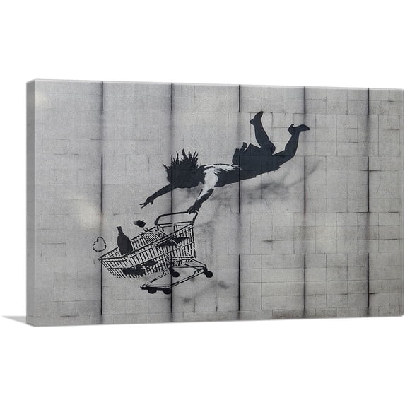 ARTCANVAS Shop Till You Drop - Falling Shopper Canvas Art Print by Banksy - Size: 18" x 12" (1.50" Deep)