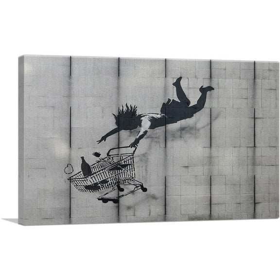 ARTCANVAS Shop Till You Drop - Falling Shopper Canvas Art Print by Banksy - Size: 26" x 18" (0.75" Deep)