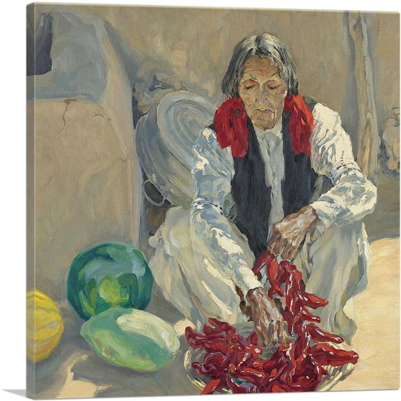 ARTCANVAS Stringing Chili Peppers Canvas Art Print by Walter Ufer - Size: 18" x 18" (1.50" Deep)
