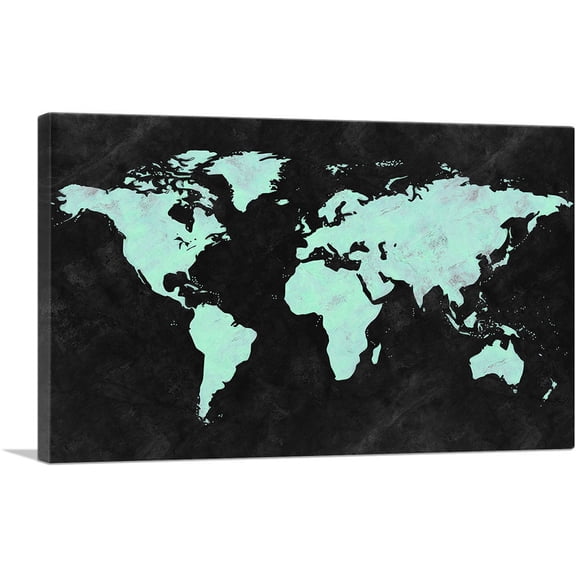 ARTCANVAS Teal Black World Map Canvas Art Print - Size: 18" x 12" (0.75" Deep)