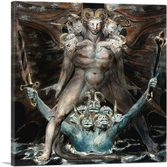 ARTCANVAS The Great Red Dragon and the Beast from the Sea Canvas Art Print by William Blake - Size: 26" x 26" (0.75" Deep)