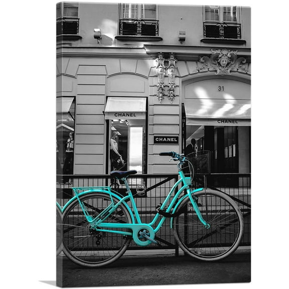 ARTCANVAS Vintage Teal Bicycle In The City Canvas Art Print - Size: 26" x 18" (0.75" Deep)