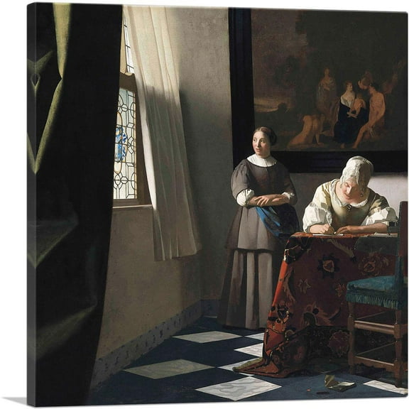 ARTCANVAS Woman Writing a Letter With Her Maid 1670 Canvas Art Print by Johannes Vermeer - Size: 18" x 18" (0.75" Deep)