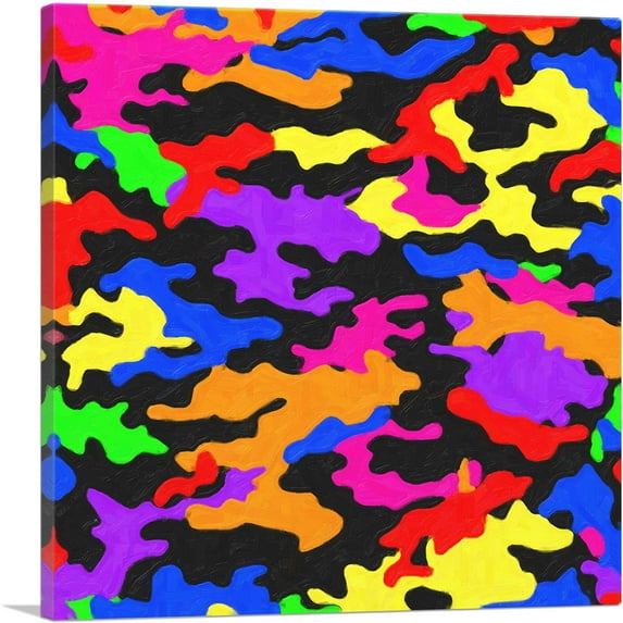 ARTCANVAS Yellow Black Orange Blue Green Camo Camouflage Spot Pattern Canvas Art Print - Size: 36" x 36" (1.50" Deep)