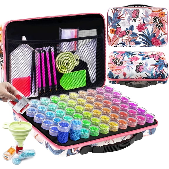 ARTDOT 60 Slot Medium Diamond Painting Bead Storage Organizer, Plastic Container Case for Crafts and Drill Supplies （Pink Case）