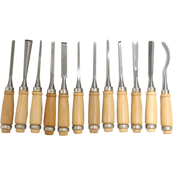 ARTESIA TOOL 12-Piece Wood Carving Chisel Set | 7.5" (19.1 cm) Length Each | Wooden Handles | Durable Steel Blades | Vinyl Storage Pouch Included