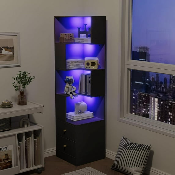 ARTETHYS Corner Shelf with Light 5-Tier Black Storage Cabinet with Drawers Modern Tall Bookshelf Stand for Living Room