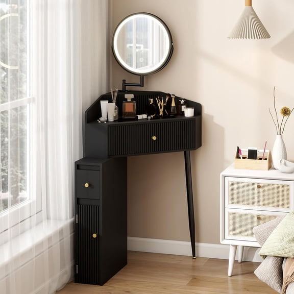 ARTETHYS Corner Vanity Desk with Retractable and Rotating Mirror and Lights Small Modern Black Makeup Vanity Set with Glass Top for Women Compact Girls Dressing Table with Drawer for Small Space