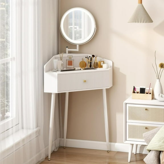 ARTETHYS Corner Vanity Desk with Retractable and Rotating Mirror and Lights Small Modern White Makeup Vanity Set with Glass Top for Women Compact Girls Dressing Table with Storage for Small Space