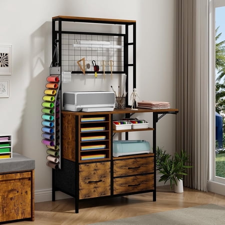 Craft Organizers and Storage Cabinet Brown Cricut Table with Drawer Sewing Table with Fold Out Crafting Desk for Vinyl Roll Holder for Craft Room